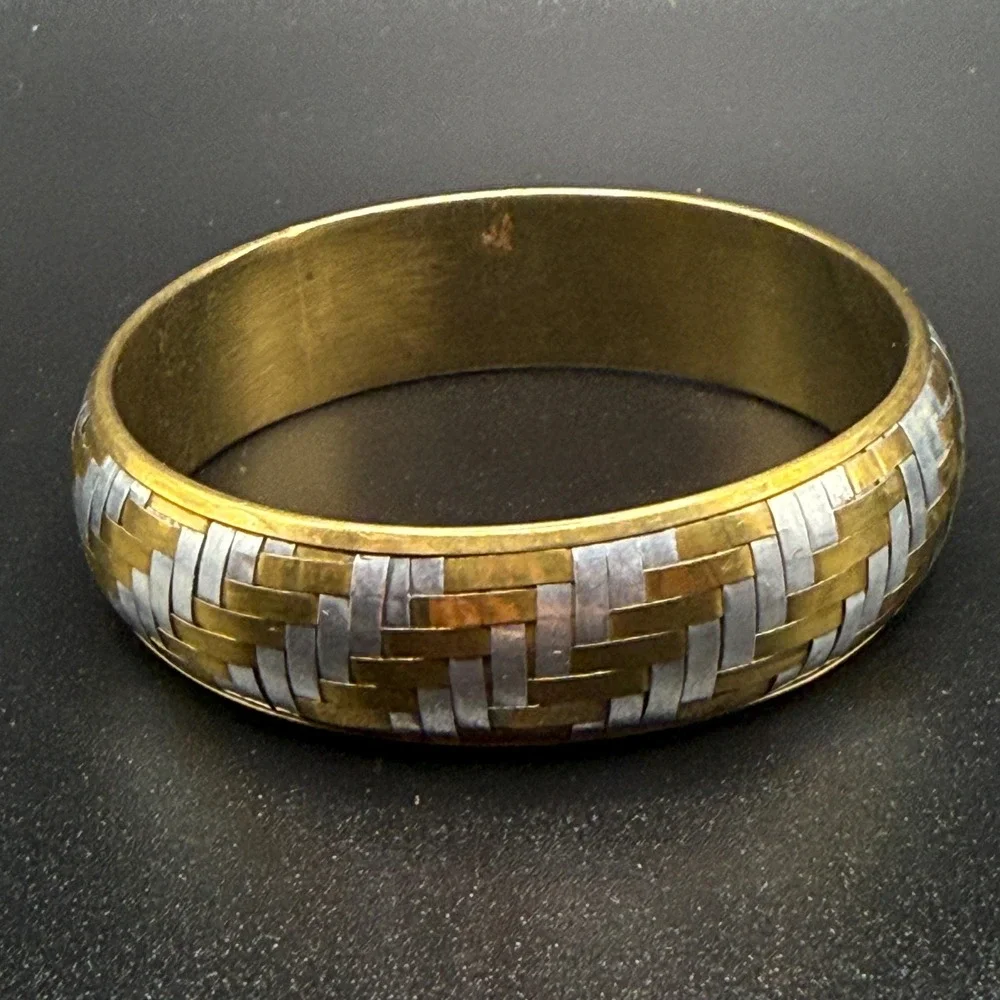 Vintage Woven Lattice Weave Two Tone Brass and Silver Tone Boho Bangle Bracelet